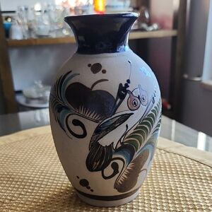 Mexican Pottery Vase With Owl Design Collectible Vintage Tonala Folk Art